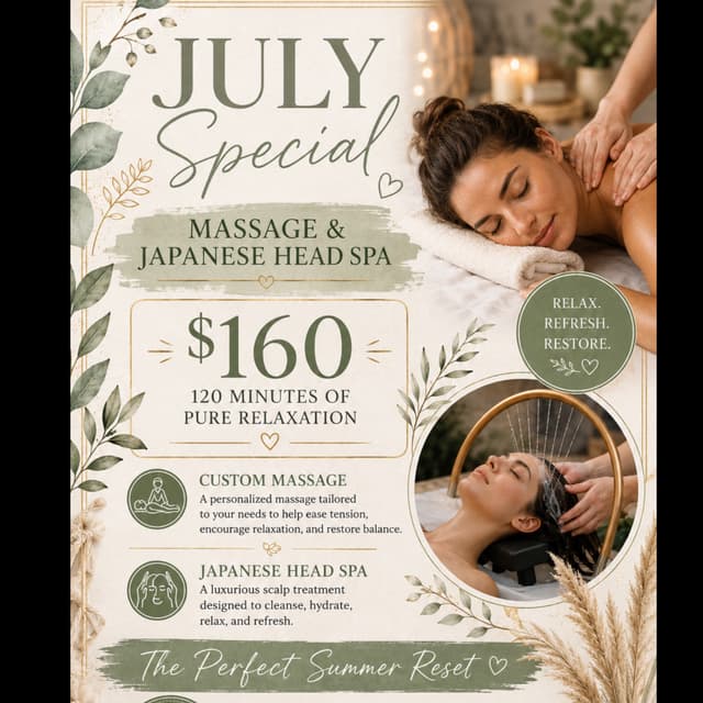 July massage & head spa special at House Of Beauty Salon & Boutique in Watertown, NY