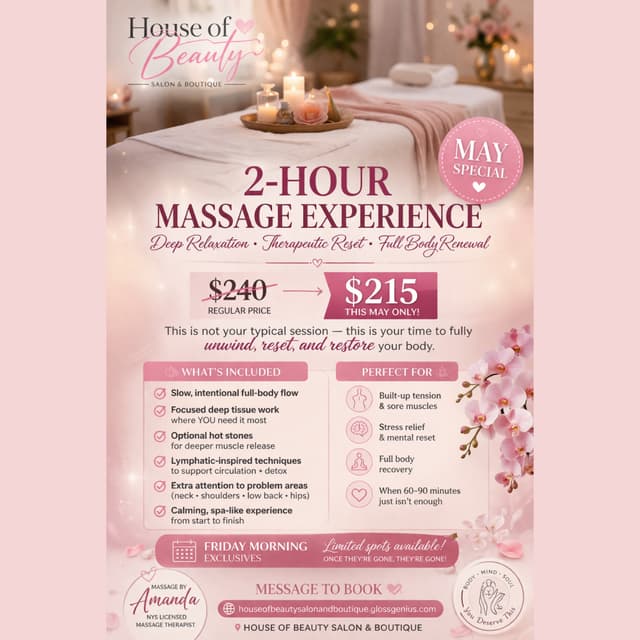 2- Hour massage experience at House Of Beauty Salon & Boutique in Watertown, NY